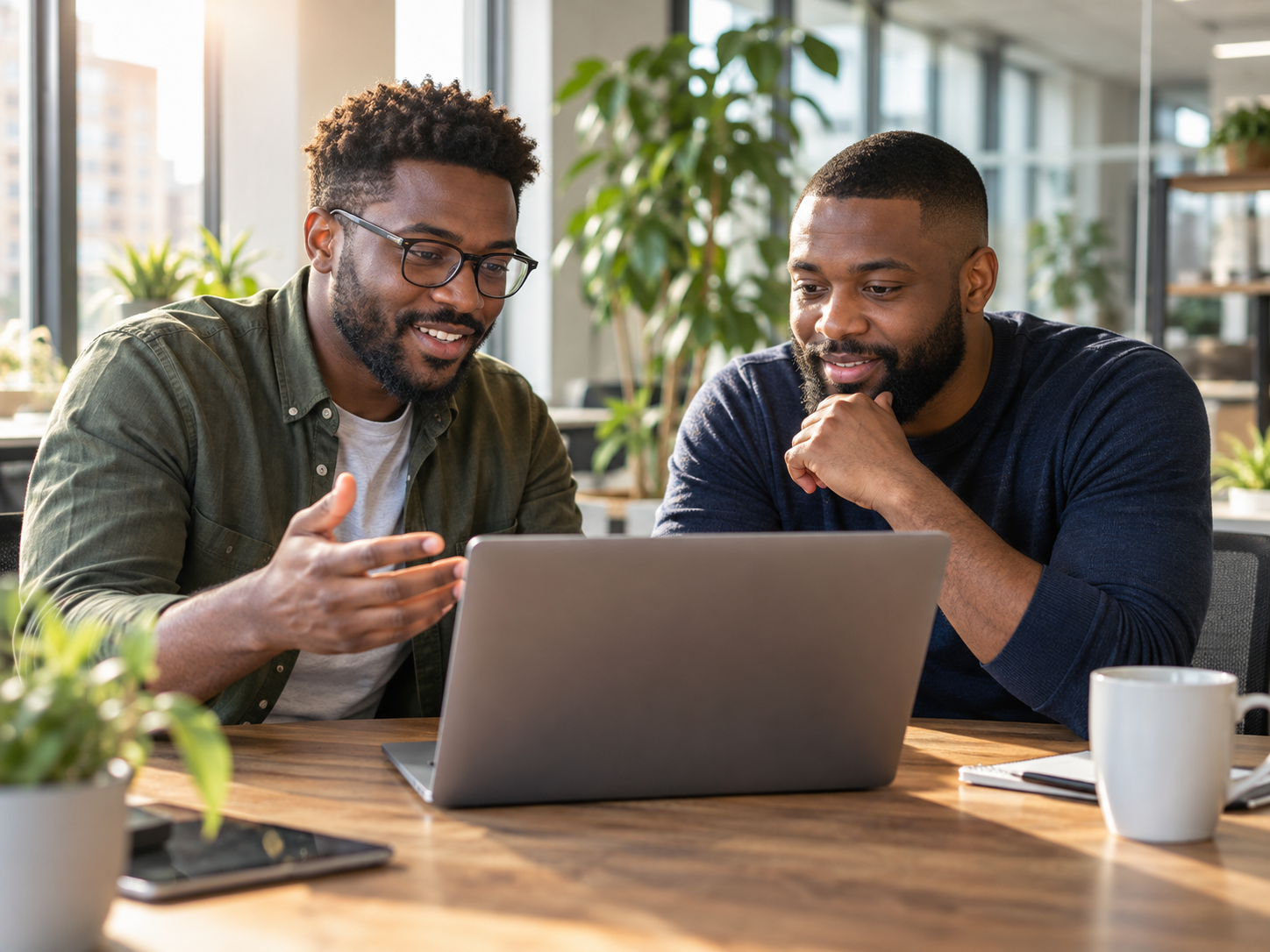 Two African American software professionals collaborating over a laptop